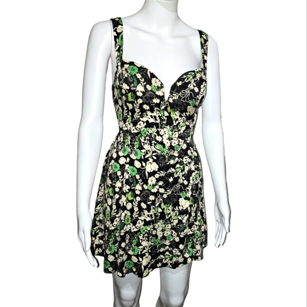 Free People Green, Black, Yellow Floral Print Celia Mini Dress Size 4 - Picture 5 of 8